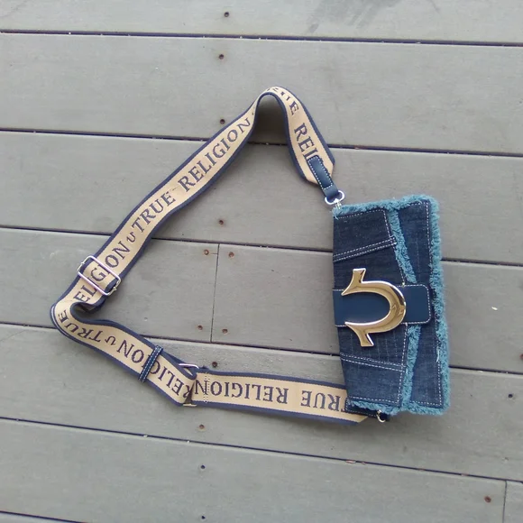 True Religion Blue Crossbody Bag with Gold Accents new no Tag 10" wide 4" high - Picture 7 of 7